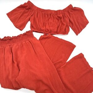 Shein‎ Rust Orange Crop Top Wide Leg Pants Set Off Shoulder Smocked Elastic Sz S